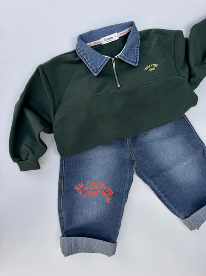 Denim collar zip sweatshirt